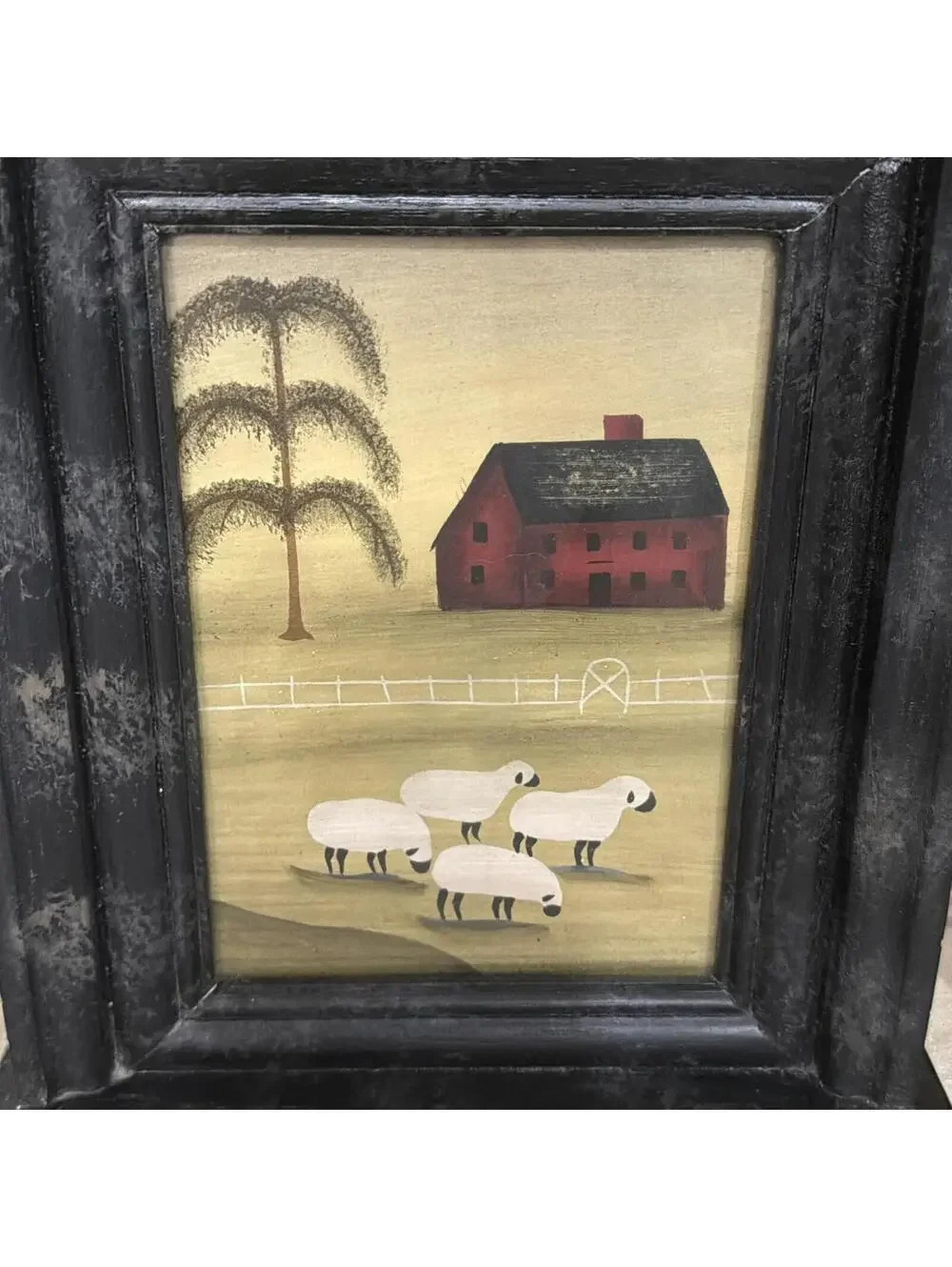 VTG Wood Tower Mantel Wall Clock Folk art Farm Barn Sheep Primitive Country